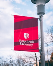 A red and maroon banner with the Stony Brook University logo and name is mounted on a metal pole. The background shows a clear sky with some clouds and tree branches.