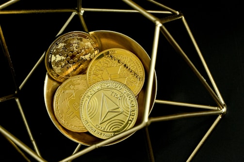 a close up of a plate of coins