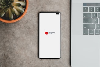 A modern workspace setup featuring a smartphone displaying a logo for National Bank, a silver laptop with a visible keyboard and trackpad, and a potted succulent plant in a terracotta pot. The items are arranged on a textured tabletop.