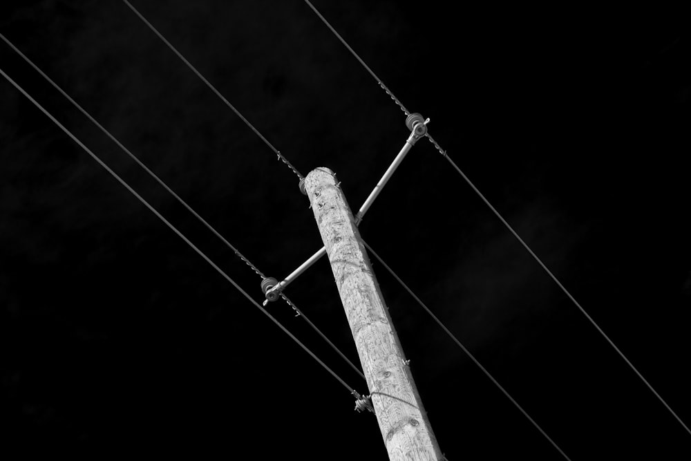 a black and white photo of a telephone pole