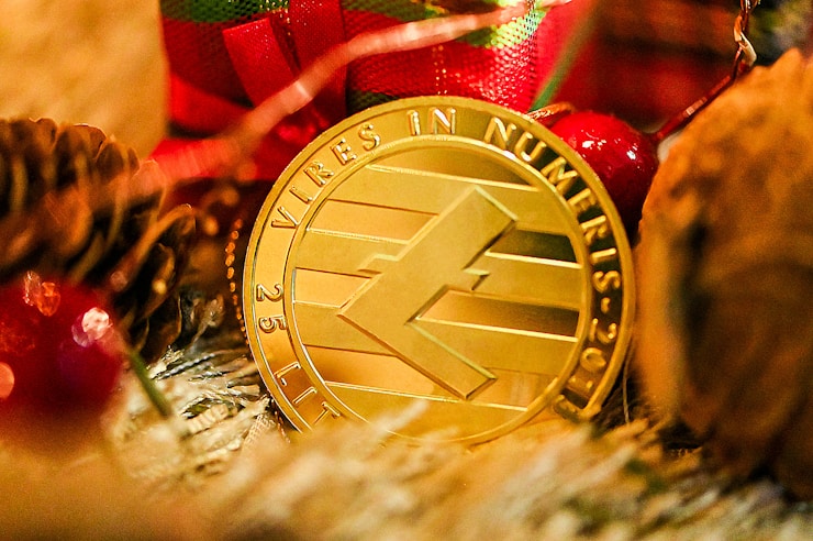 A gold Litecoin surrounded by the ornaments