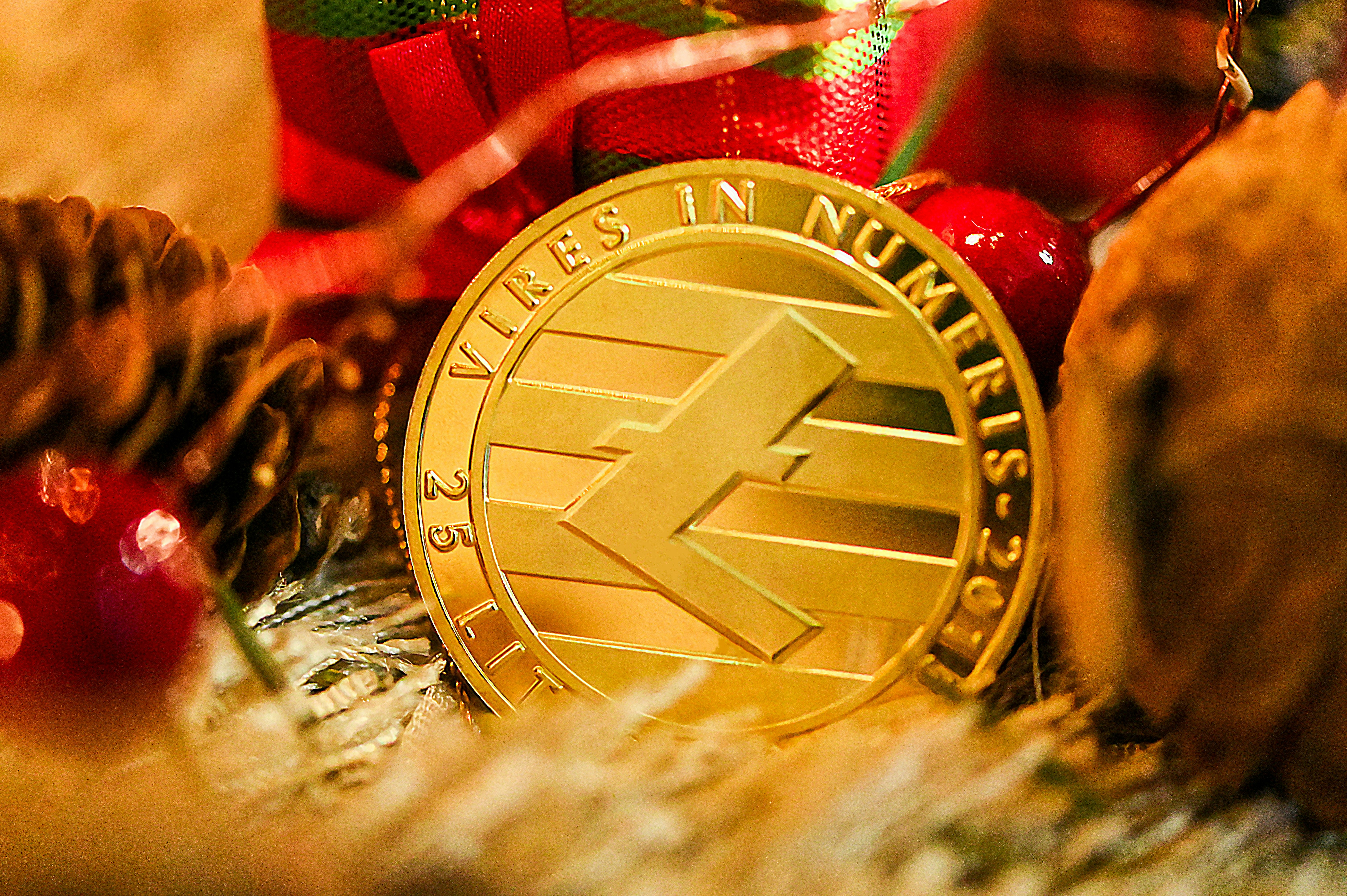 A gold Litecoin surrounded by the ornaments