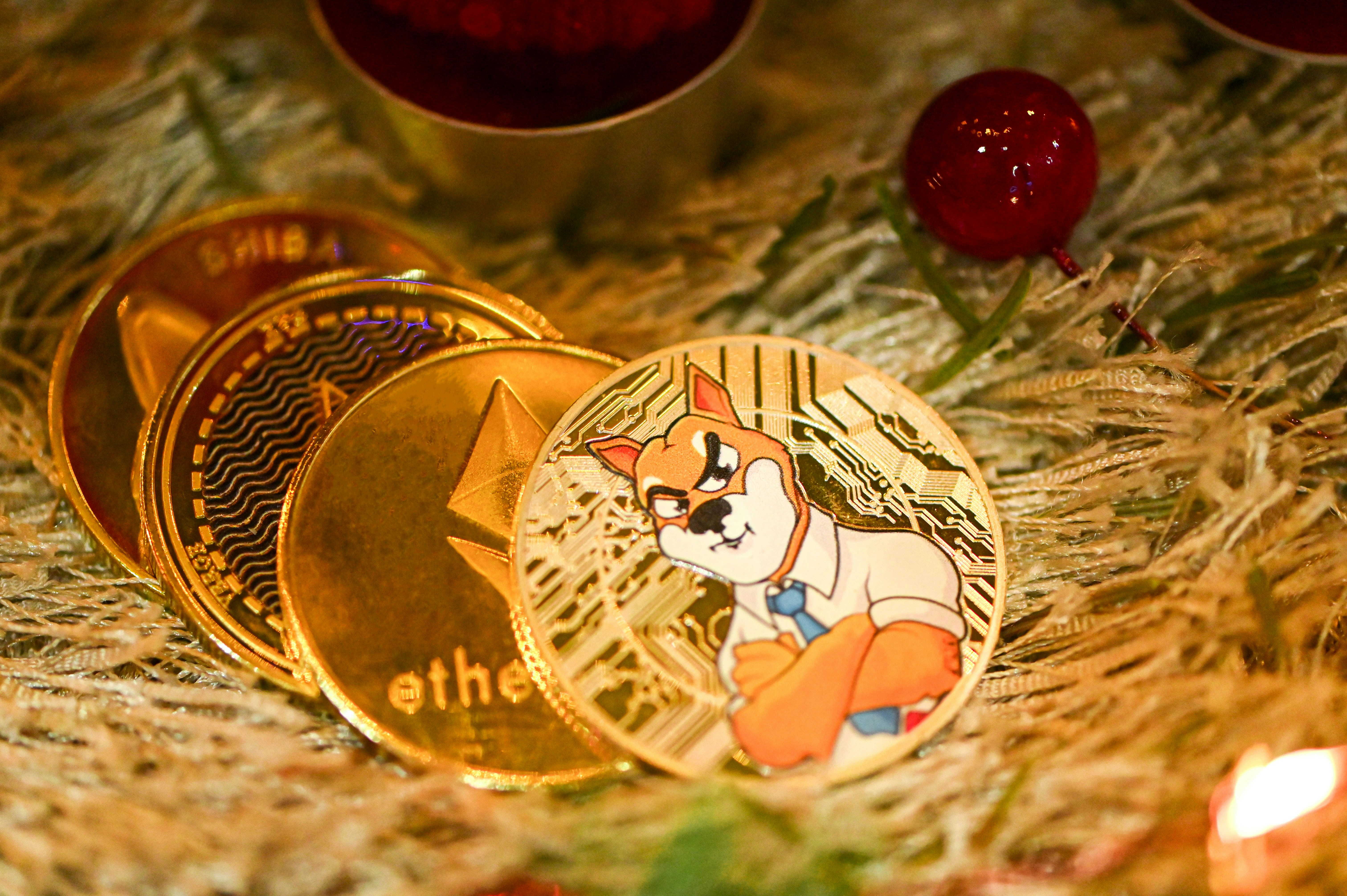 SHIB coin and Ethereum coin placed on a carpet