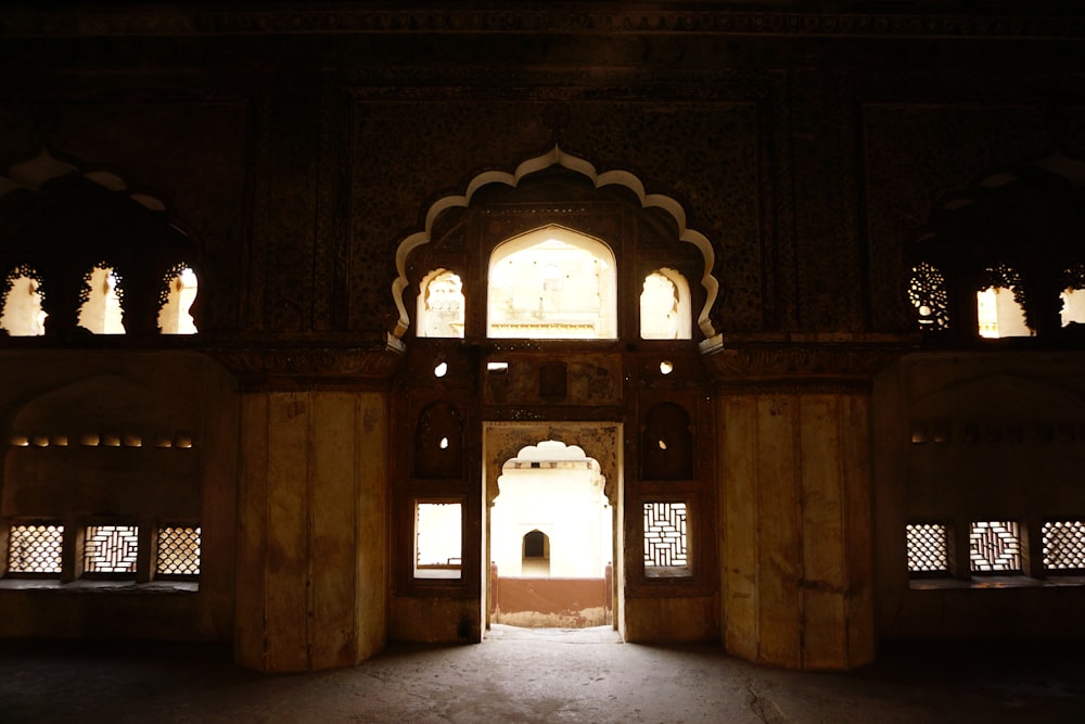 a doorway leading into a building with arches