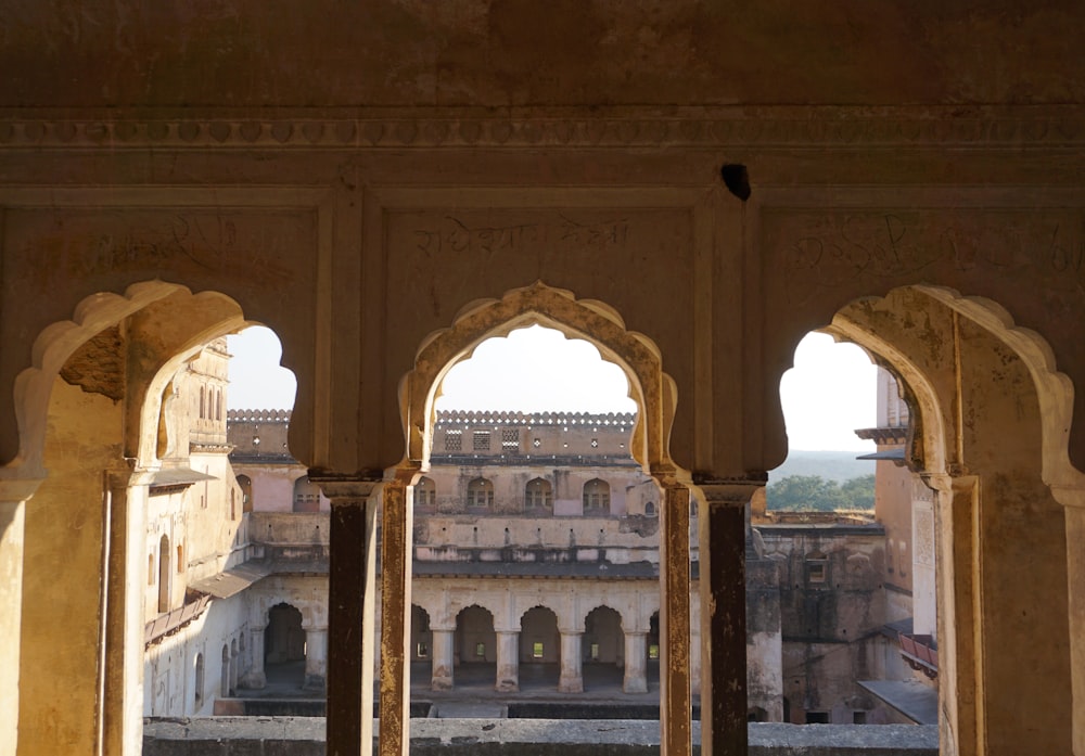 a view of a building through an archway