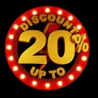Large, bold text displaying 'Discount 20%' surrounded by a circular border of bright lights, set against a dark background. The text is prominently featured in gold and red colors, creating an eye-catching effect.