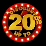 Large, bold text displaying 'Discount 20%' surrounded by a circular border of bright lights, set against a dark background. The text is prominently featured in gold and red colors, creating an eye-catching effect.