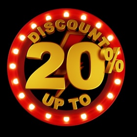 Large, bold text displaying 'Discount 20%' surrounded by a circular border of bright lights, set against a dark background. The text is prominently featured in gold and red colors, creating an eye-catching effect.