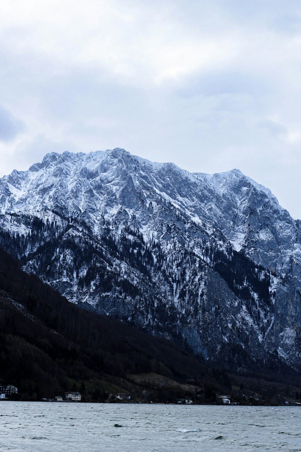 a large mountain covered in snow next to a body of water