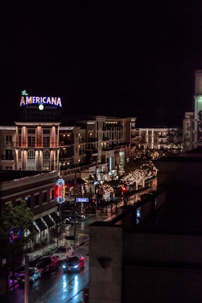 A vibrant urban street scene at night, illuminated with colorful neon signs and decorative lights. A prominent sign reads 'AMERICANA' on a building, while strings of lights adorn the trees lining the street. Cars are visible on the wet road, reflecting the lights above.
