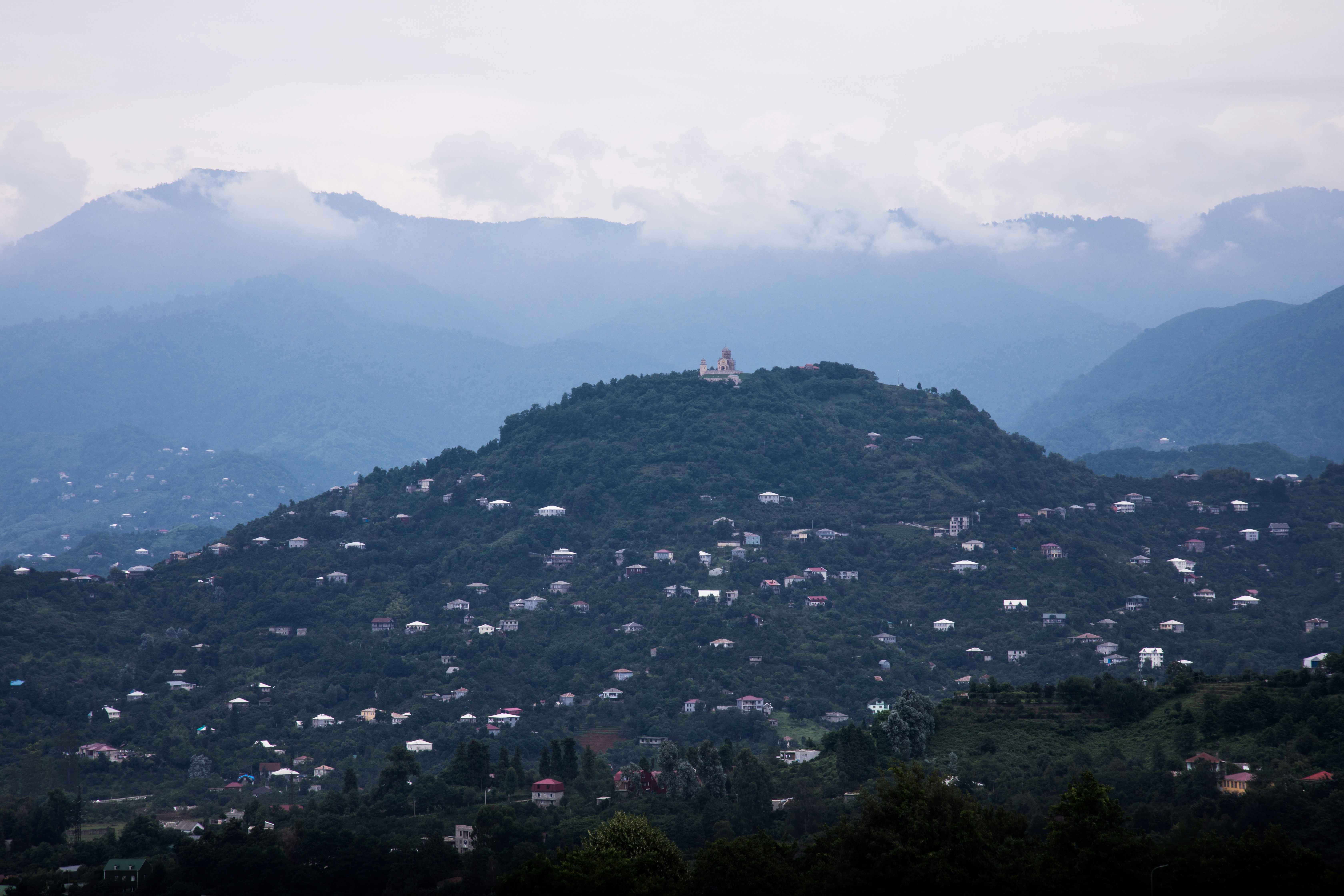 Panorama view of Batumi mountains and church on the hill
