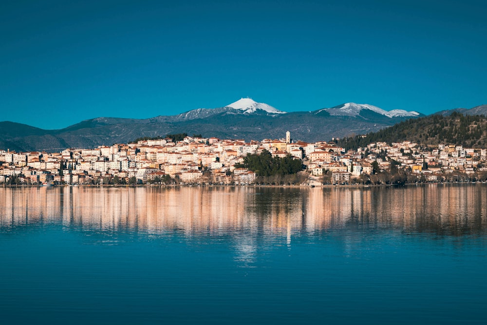 a city sits on a small island in the middle of a lake