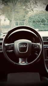A detailed view of a car's steering wheel with the manufacturer's logo prominently centered. The dashboard and part of the interior are visible, with a background view through the windshield showing trees and a fence.