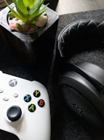 A white gaming controller with multicolored buttons is placed beside a black, cushioned headphone. In the background, there is a potted plant with green leaves and small stones in a container.