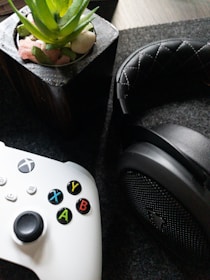 A white gaming controller with multicolored buttons is placed beside a black, cushioned headphone. In the background, there is a potted plant with green leaves and small stones in a container.