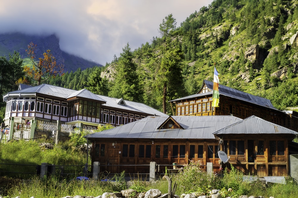 a group of wooden buildings sitting in the middle of a forest