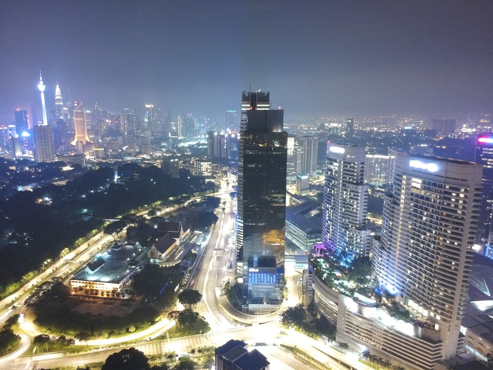 an aerial view of a city at night