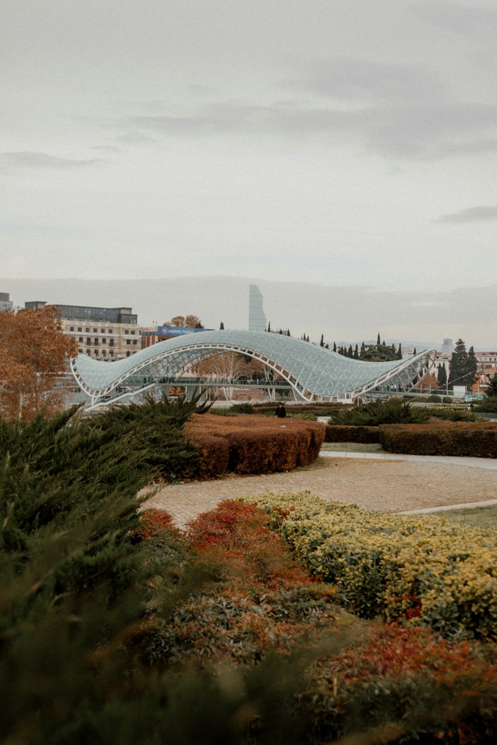 a view of a park with a bridge in the background
