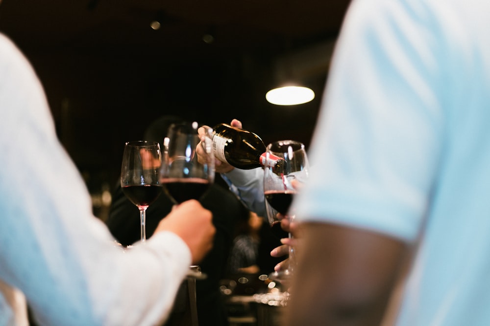 um grupo de pessoas sentadas em uma mesa com taças de vinho