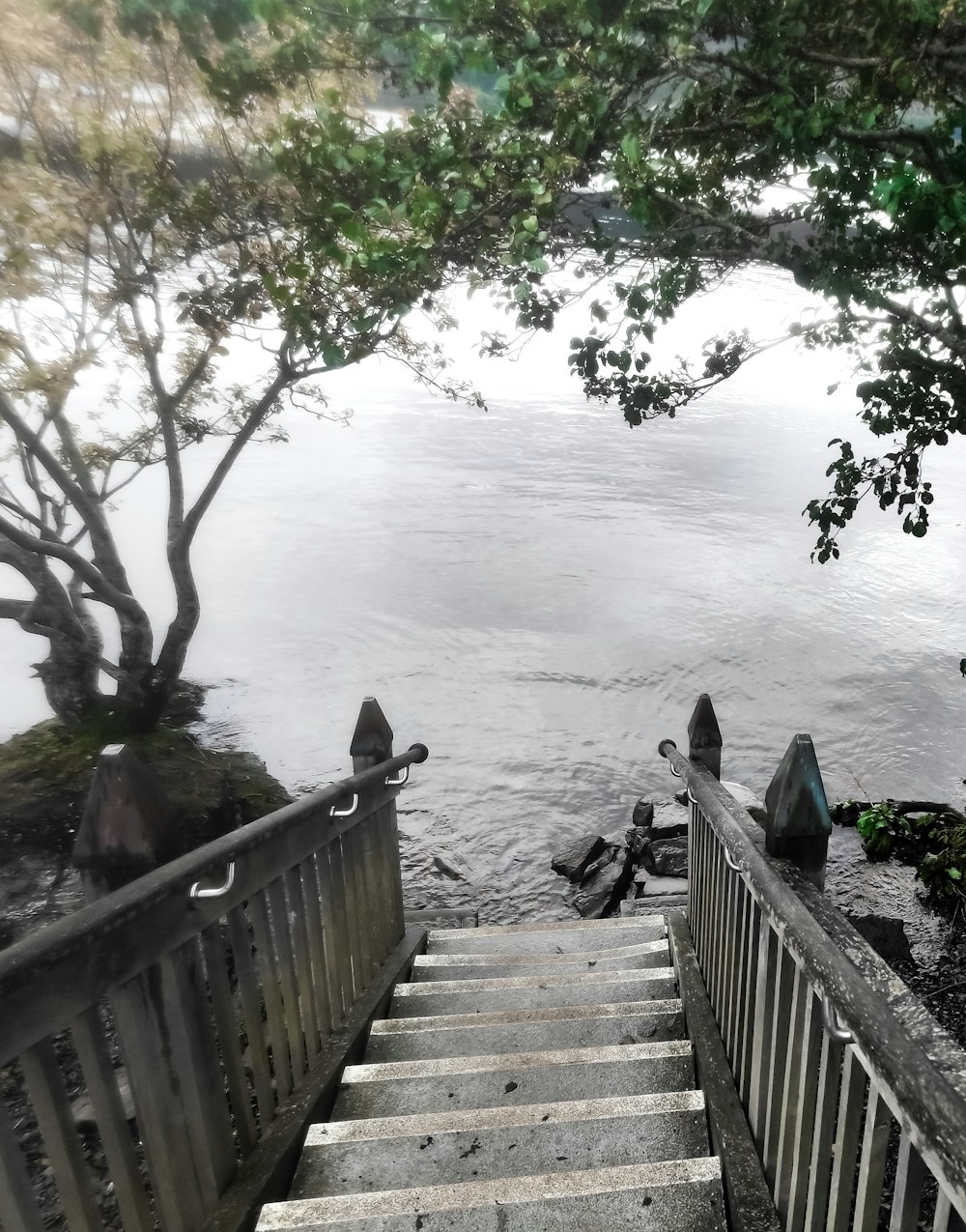 a set of stairs leading down to a body of water