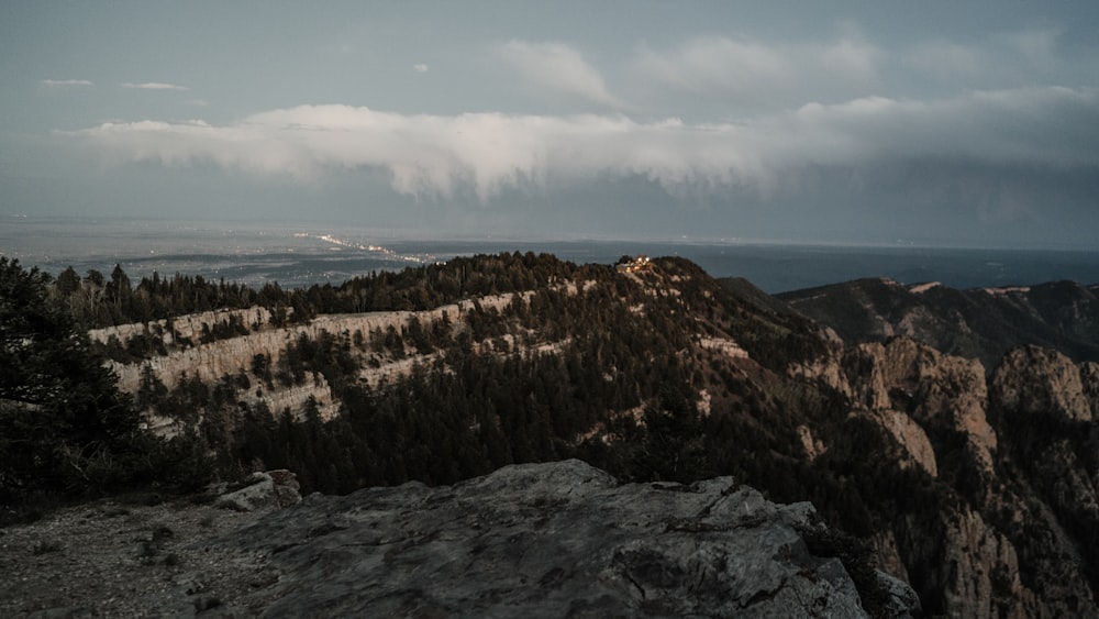 a view of a mountain range with trees on it