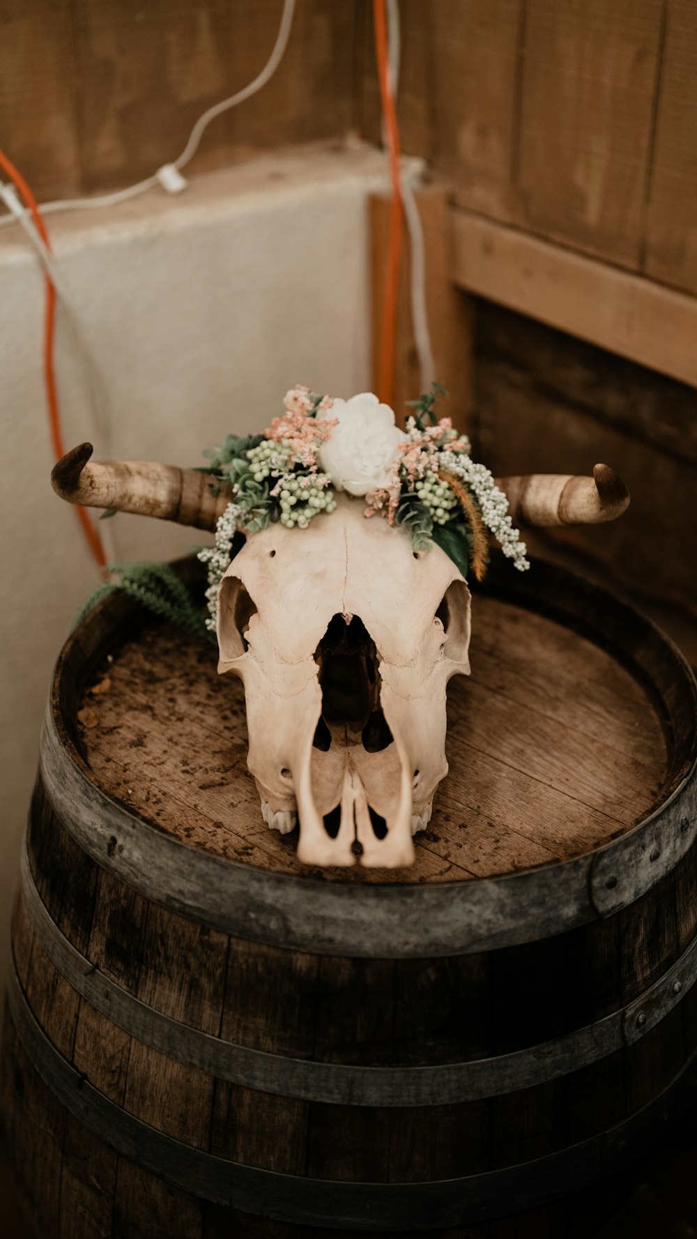 a cow skull with a flower crown on top of it