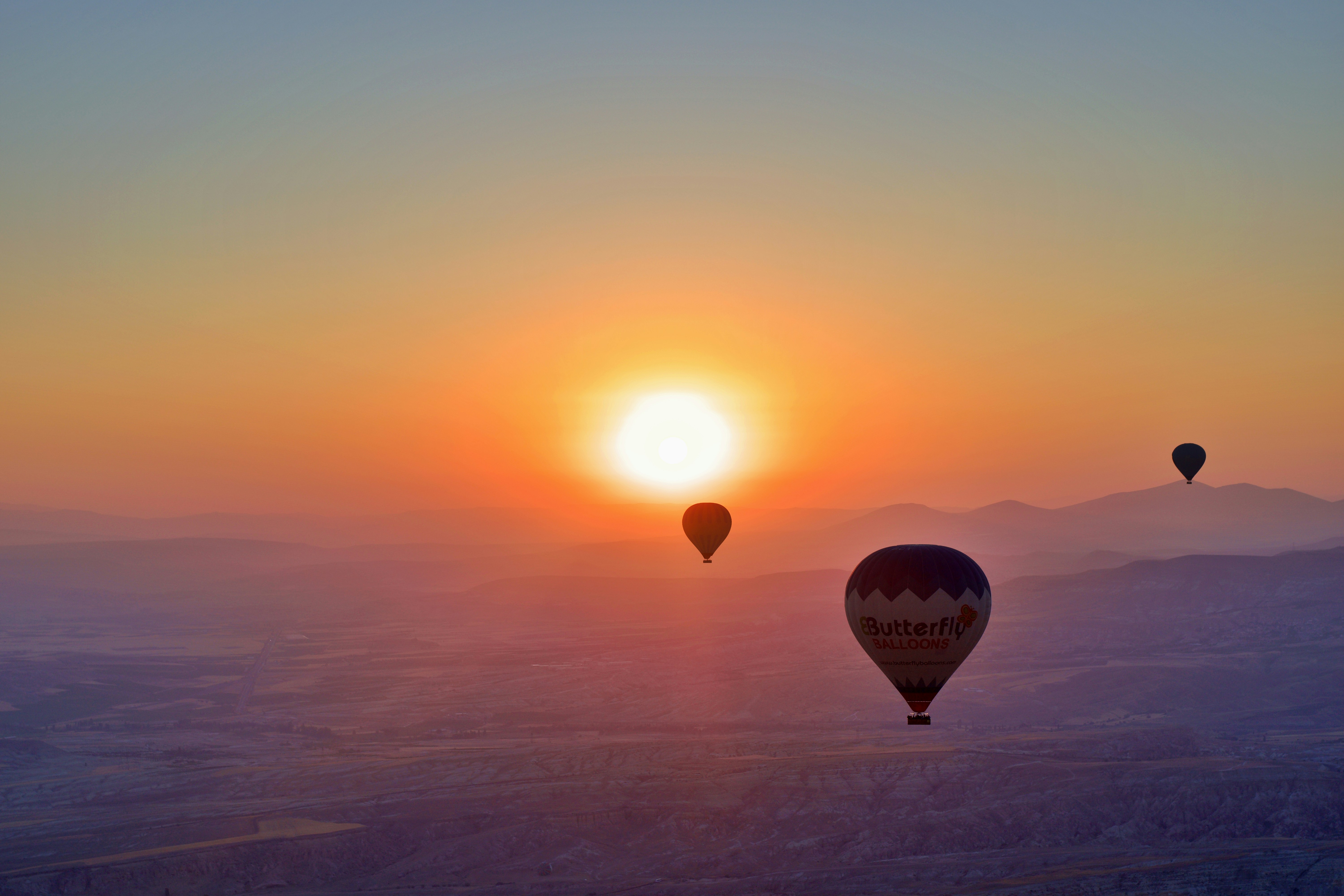 a group of hot air balloons flying in the sky