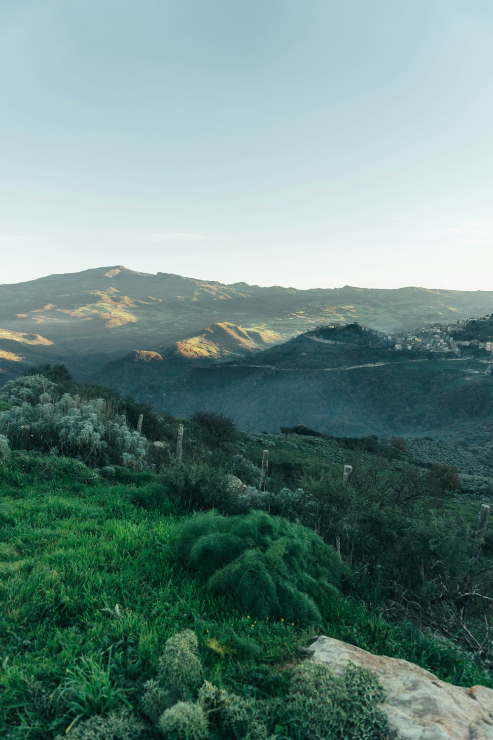 a view of a mountain range from a grassy hill