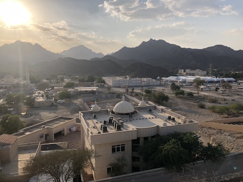 A panoramic view of the Al-Mazar Al-Shamali landscape at sunset