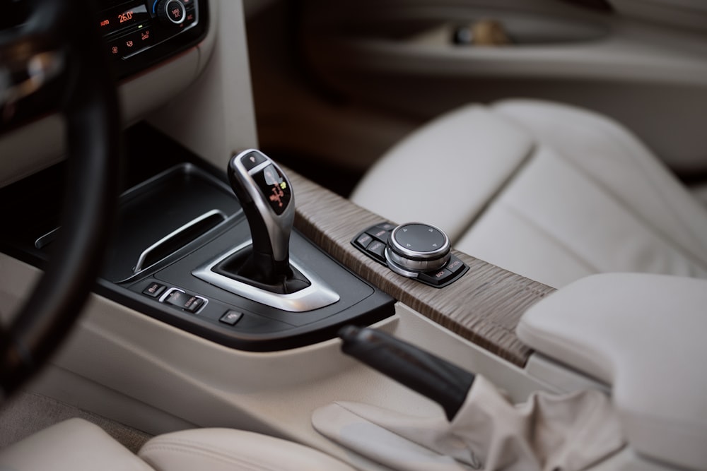 the interior of a car with a steering wheel