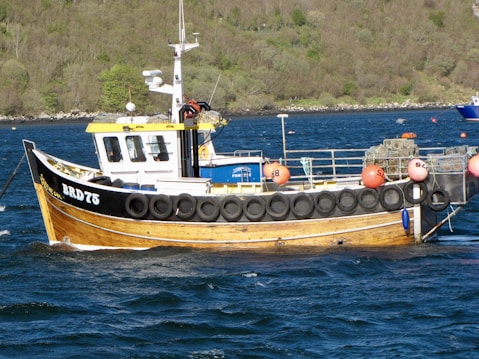 A wooden fishing boat with a blue and white cabin is docked on a body of water, with black tires attached around its perimeter as bumpers. The boat is equipped with various fishing gear, including orange buoys and metal cages. In the background, there is a lush, green hillside.