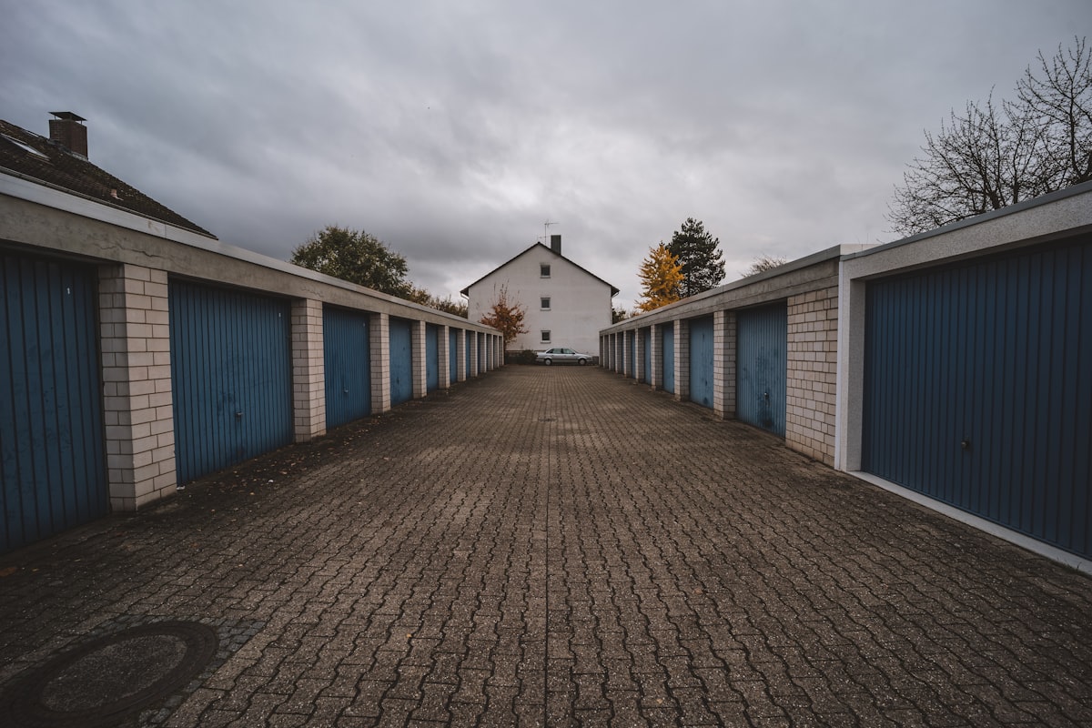 Row of closed garage boxes in a parking building