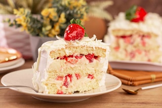 a piece of cake with white frosting and strawberries on top
