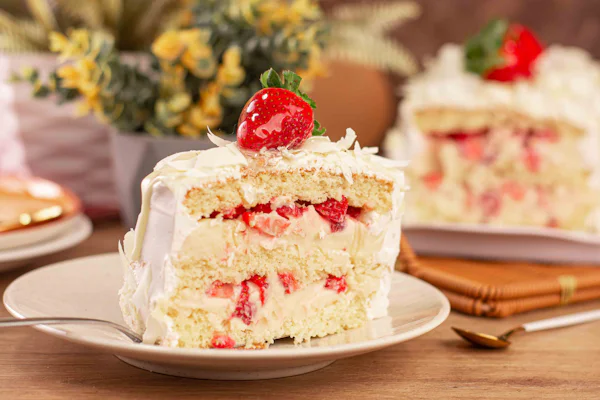 Torta tres leches con crema y fresas