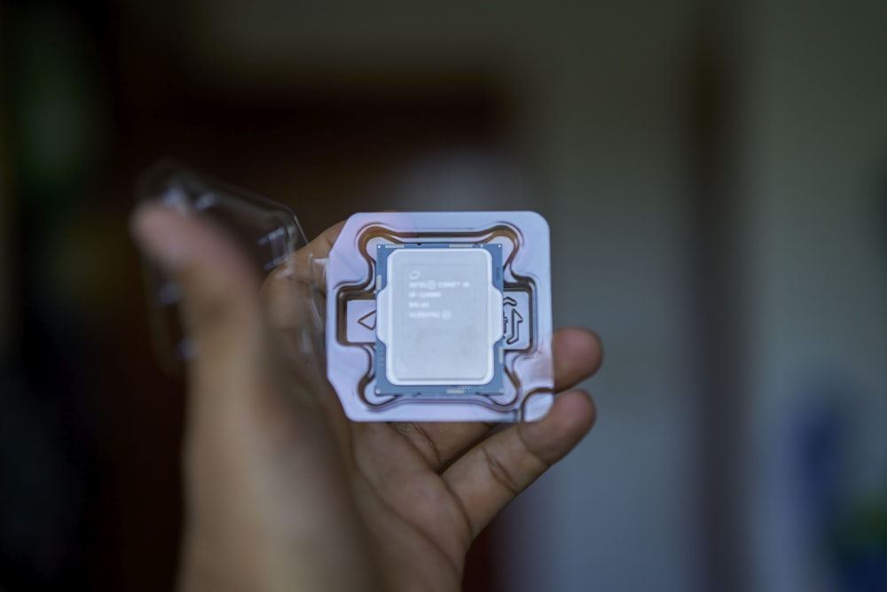 a person holding a small processor in their hand