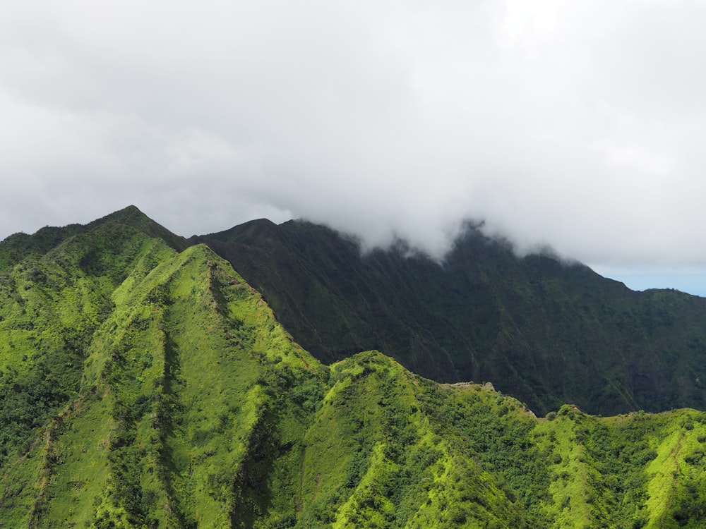 a lush green mountain side with clouds in the background