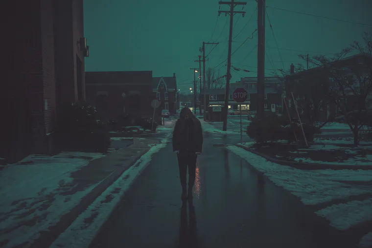 Quiet street on a winter evening