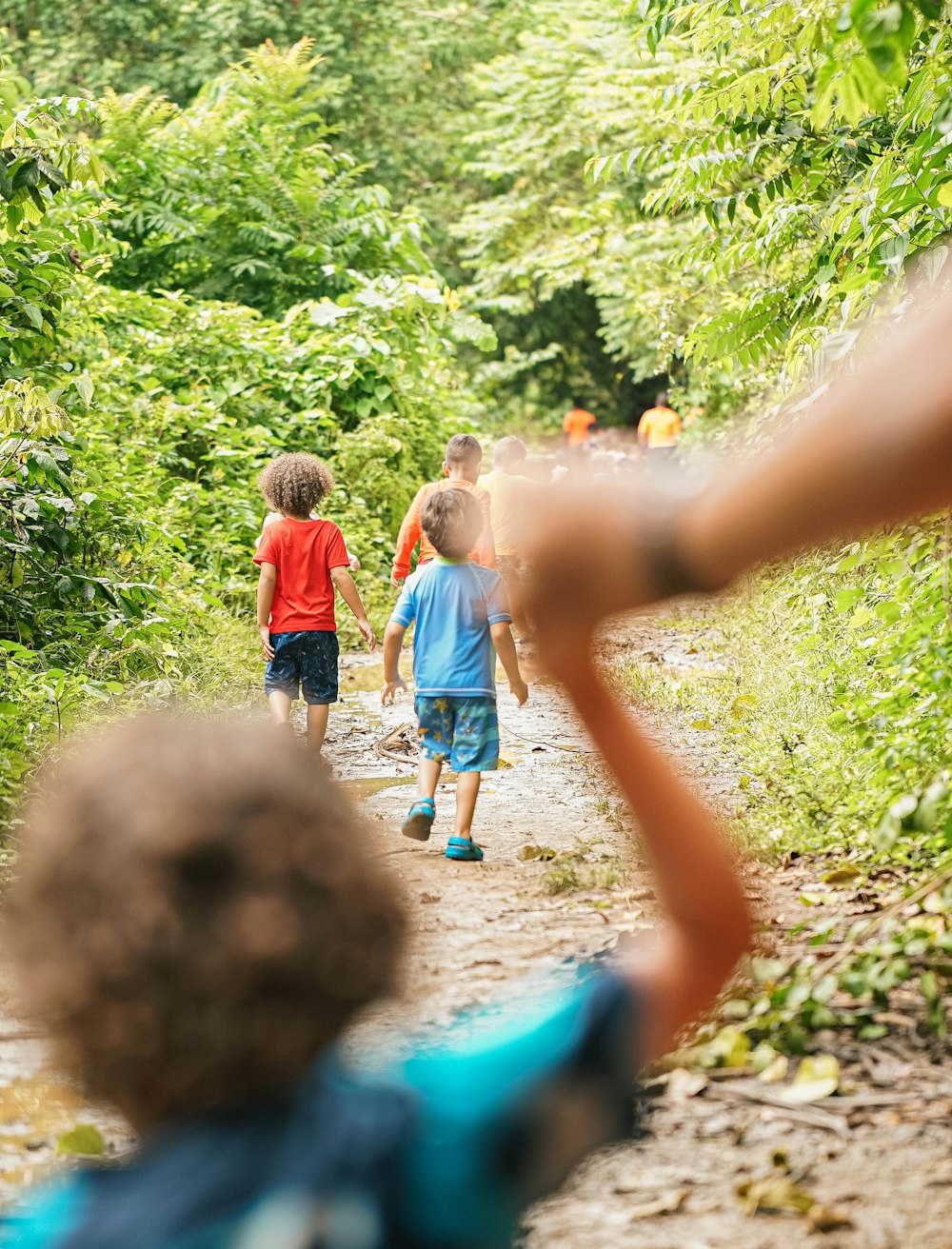 a group of children walking down a dirt road