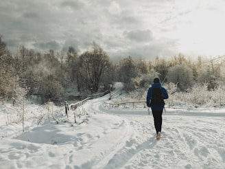 a person walking down a snow covered road