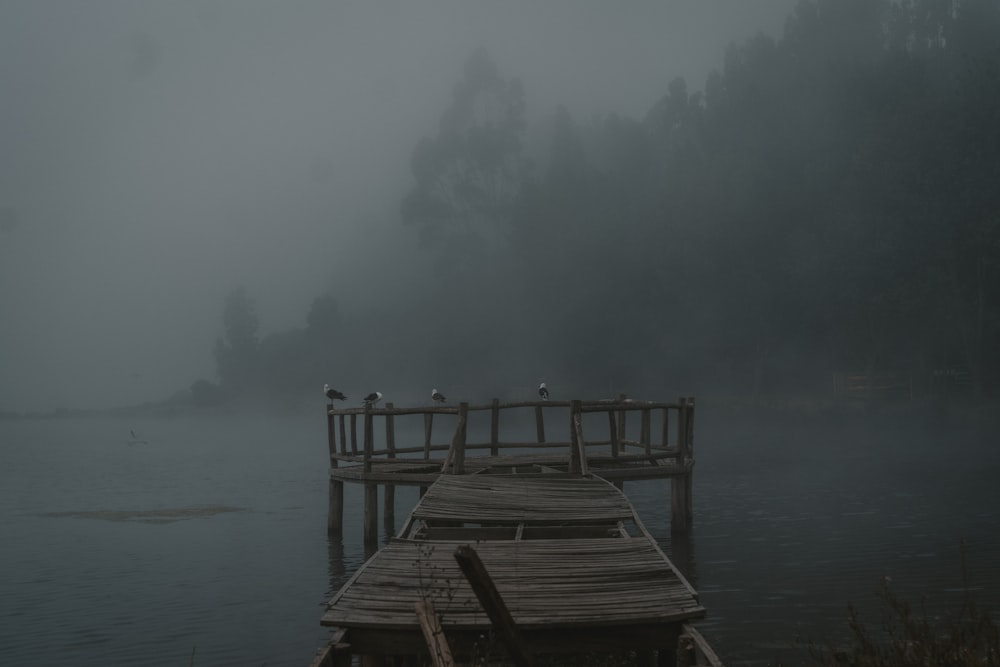 a dock in the middle of a lake on a foggy day