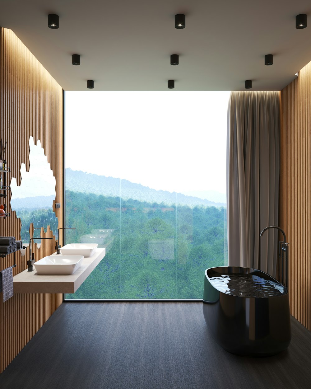 a bathroom with a large window and a large tub