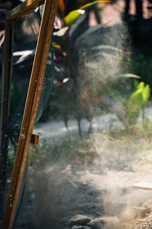 A mesh screen door is partially open, capturing dust particles in the air as sunlight filters through. The blurred background includes green and reddish foliage, indicating an outdoor setting.