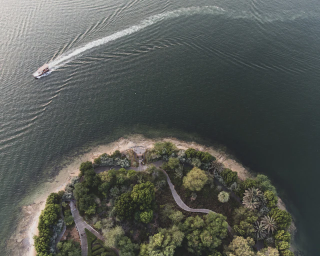 Aerial view of a small island in the middle of a body of water