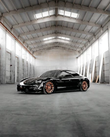 A high-tech warehouse with metallic silver accents and carbon fiber textures, showcasing organized automotive accessories.