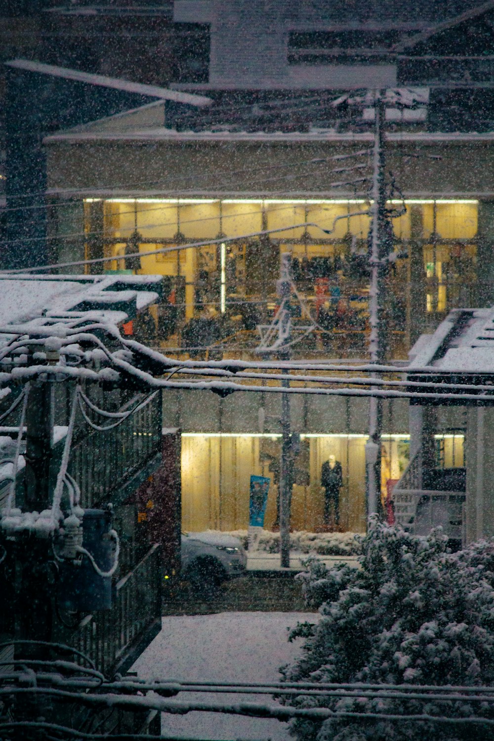 a building with a lot of windows covered in snow