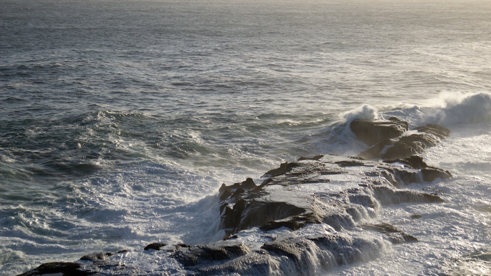 a large body of water next to a rocky shore