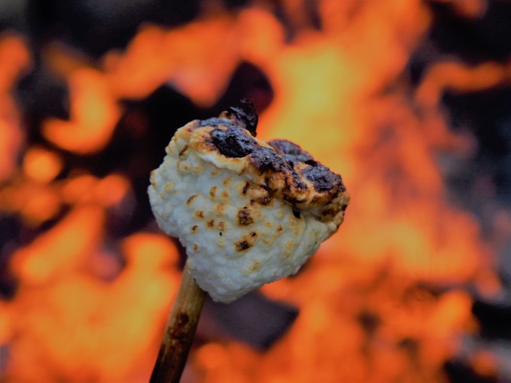 a close up of a piece of food on a stick