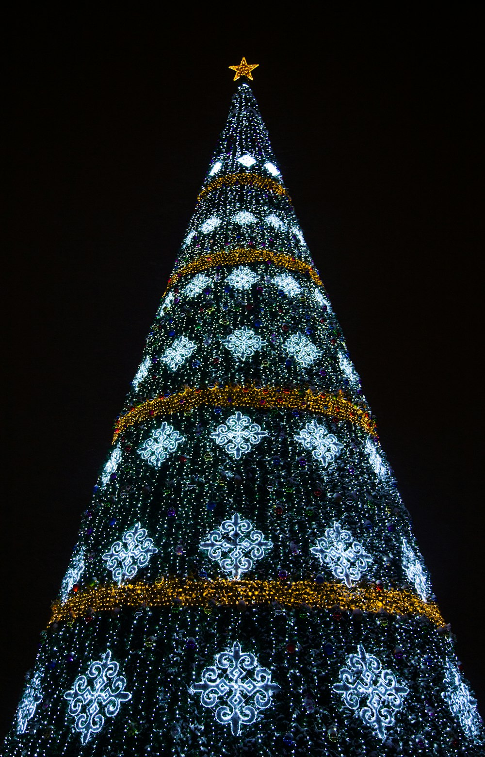 a large christmas tree is lit up at night