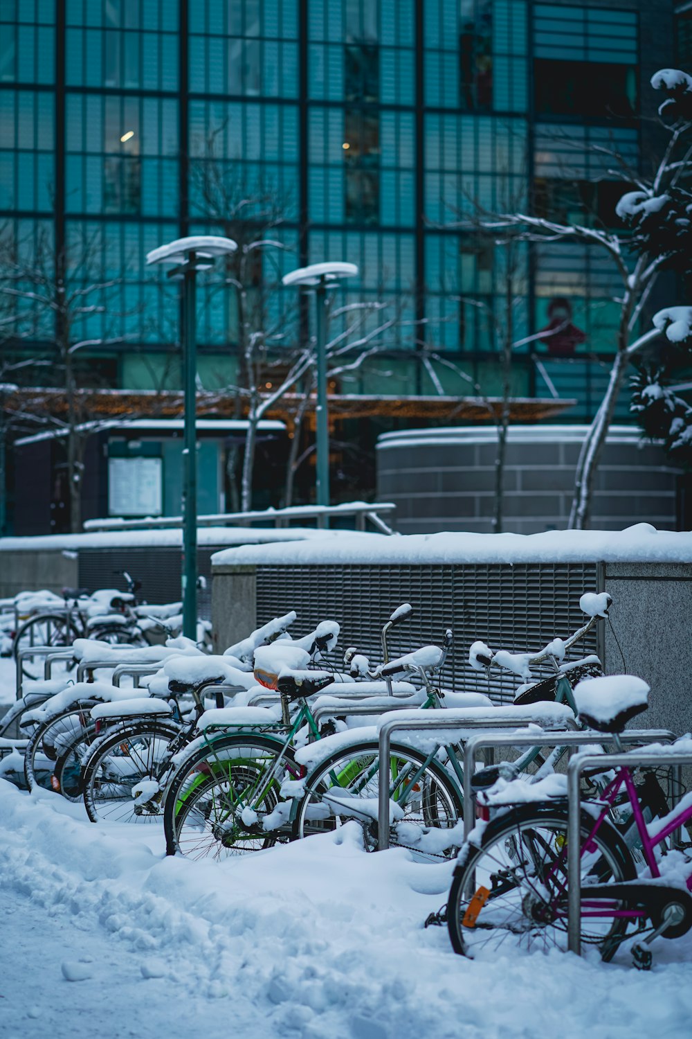 a bunch of bikes that are covered in snow