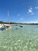 A traditional boat gently floating near a white sandy beach under a bright blue sky.
